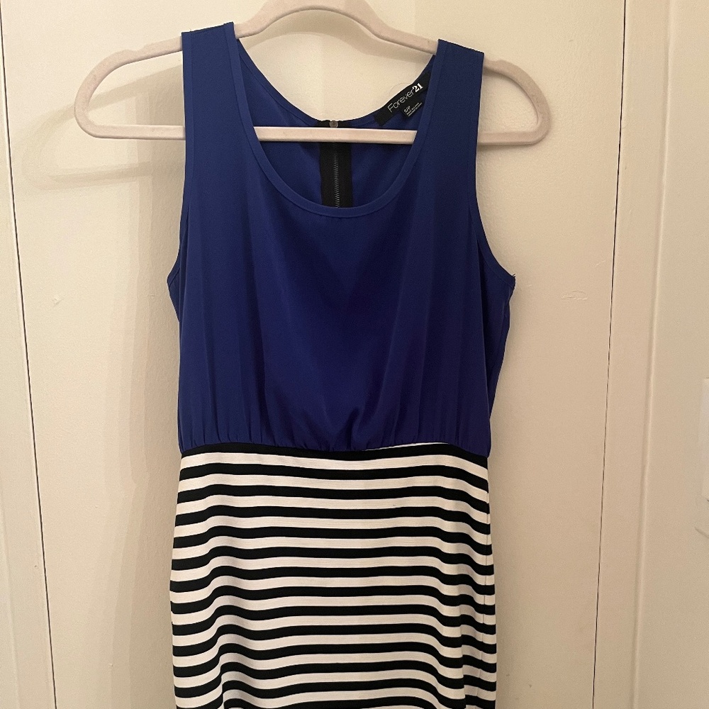 Cobalt blue and black and white striped dress